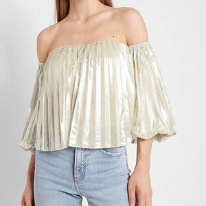 Express | Metallic Pleated Off‑the‑Shoulder Bubble‑Sleeve Top | Champagne | NWT